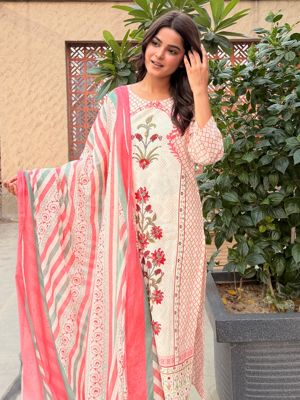 Coral-Pink and Yellow Printed Cotton Suit